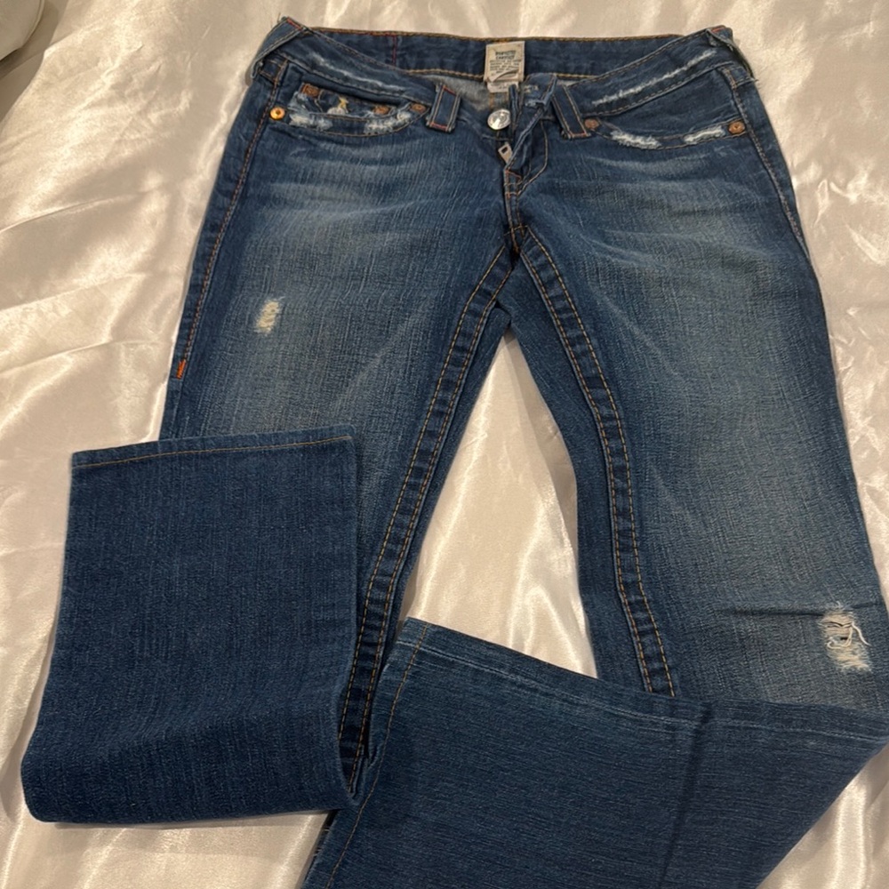 True Religion Blue Straight Leg Jeans with Distressed Details